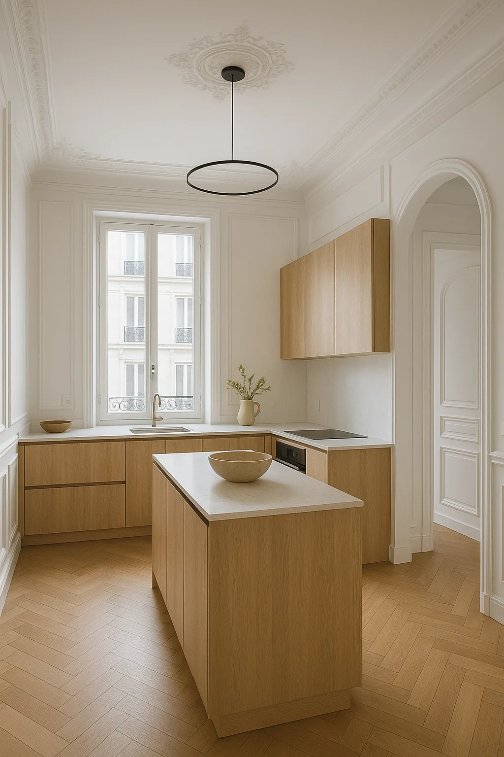 Cuisine ouverte dans un appartement haussmannien parisien